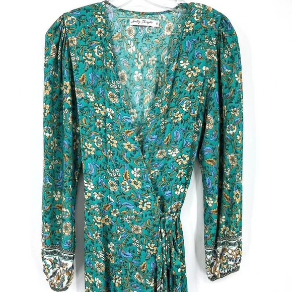 Salty Bright Womens 8 Green Floral Long Sleeve Ruffle Hem Wrap Dress Max… - Picture 3 of 9